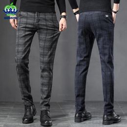 Autumn Winter England Plaid Work Stretch Pants Men Business Fashion Slim Thick Grey Blue Casual Pant Male Brand Trousers 38 240108