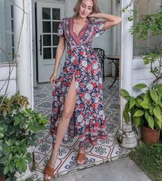 Party Dresses AYUALIN Vintage Deep V Neck Wrap Dress Summer Cotton Rayon Floral Printed Maxi Women Robe 2024 Boho Beach Long Vestidos