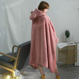 Blankets Ins Style Cute Bear Autumn And Winter Hooded Cloak Shawl Blanket Lamb Velvet Thickened Warm Wearable Adult