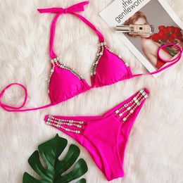 Rose Red Sexy Bikinis Swimsuit With Rhinestones Women Swimwear Female Push Up Bikini Beach Swim Wear Bathing Suits Pool Bather 240108