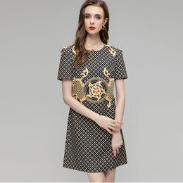 Women's Runway Dresses O Neck Short Sleeves Printed Beaded Elegant High Street A Line Mini Vestidos