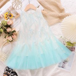 Girl Dresses Baby Girls Clothes Lace Embroidery Princess Summer Sleeveless Dress Kids With Pearls Blue 4-8Y
