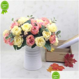 Dried Flowers European Style 10 Head Tea Roses Simated Bouquet Wedding Silk Fabric Home Decoration With Artificial Rose Camellia Bud Dh1Gy