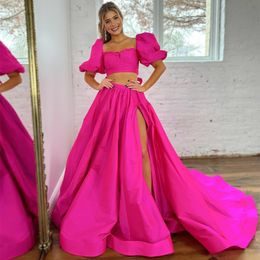 Elegant Long Sqaure Neck Fuchsia Prom Dresses With Slit/Pockets A-Line Taffeta Sweep Train Party Dress Maxi Formal Evening Dresses for Women