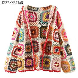 Women's Knits Tees KEYANKETIAN Autumn New Hollowed-Out Hook Floral Colour Knit Cardigan Ladies Bohemian Style Loose Handmade Sweater Top FreshL240108