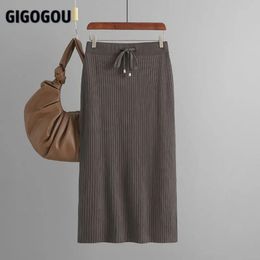 GIGOGOU High Waist Women Knitted Pencil Skirts Autumn Drawstring Warm Long Tunic Skirt Slim Fit Rib Sexy Bodycon Skirts Femme 240108