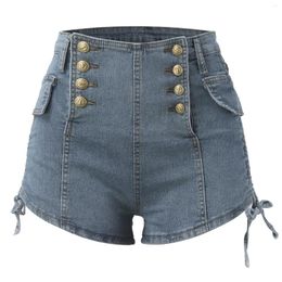 Women's Shorts Women Button Down Casual A-Line Denim Pockets High Waisted Mini Jean Short Pants Mujer Spring Summer Microstretch