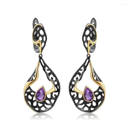 Dangle Earrings GEM'S BALLET 0.76Ct Natural Amethyst Gemstones Drop For Women 925 Sterling Silver Handmade Hollow Vintage Fine Jewellery