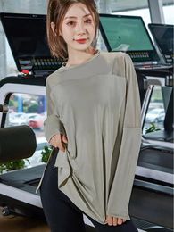 Shirts Splicing Yoga Loose Long Sleeve Top Side Slits Sports Shirts Women Quick Dry Fiess Blouses Gym Workout Pulovers Athletic Wear
