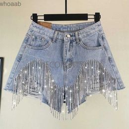 Women's Shorts 2023 Hot Streetwear Casual Rhinestone High Waist Beaded Sequin Blingbling Slim Booty Fringed Denim Ripped Ladies Jeans Shorts YQ240108