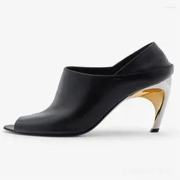 Dress Shoes Round Peep Toe High Heels Metal Heel Black Women Soft Leather Comfortable Simple Sandals Sandalias Mujer Verano