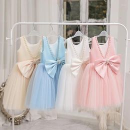 Girl Dresses Kids Princess Children's Wedding Flower Dress Host Piano Performance Fluffy Gauze Pearl Bow V-neck And Open Back