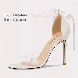 Sandals Summer Ribbon Silk Face PVC Straight Line Pearl Wedding Shoes Thin High Heels Banquet Dress Large And Small Women's