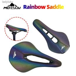 Bike Saddles MOTSUV Bicycle Rainbow Saddle Soft Silica Gel PU Leather Comfortable Road Mountain Bike Seat Cushion Shockproof Front Seat MatL240108