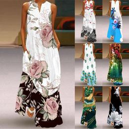 Casual Dresses Women Summer Long Tank Dress Sleeveless V-neck Elegant Party Printed Vintage Female For 2024