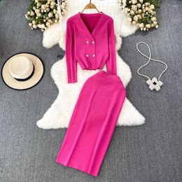 Work Dresses ALPHALMODA 2024 Celebrity Long Sleeved V-neck Single Breasted Knitted Cardigan Jacket High Waist Buttock Wrapped Skirt 2pcs Set