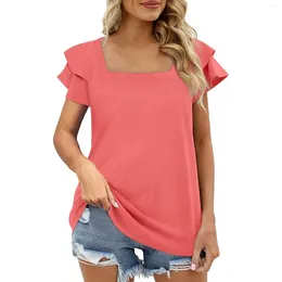 Women's T Shirts Fashion Solid Colour T-Shirt Casual Square Neck Double Layer Ruffle Sleeve Loose Basic Pullover Tops Ropa De Mujer