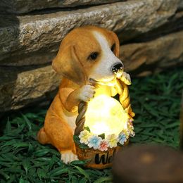 Resin Sculpture Waterproof Lighted Solar Dog Statues Figurines Welcome Signs Home Outdoor Garden Yard Decoration 240108