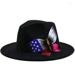 Berets 2024 Handmade Painted Butterfly Wool Felt Black Fedora Hat For Women/Men Wide Brim Autumn Winter Panama Jazz Cap