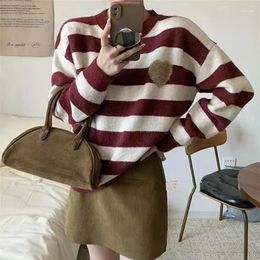 Women's Sweaters Hsa Striped Knitted Sweater For Women Autumn And Winter Design Loose Soft Waxy Love Embroidered Top Trendy Jumpers