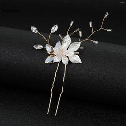 Hair Clips Wedding Sticks Forks U Shaped Hairpin Headdress White Flower Silver Colour Leaf Crystal Headpiece Bride Accessories