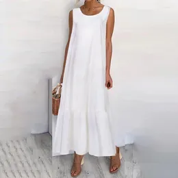 Casual Dresses Summer White Dress Solid Vintage Cotton Linen Vest Beach Sleeveless Large Size Women's Loose Long Tunicas