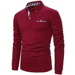 2023 Autumn Fashion Men Solid Colour Casual Polo Shirt Long Sleeve 100 Polyester Contrast Plaid Trim Collared Shirts for 240108