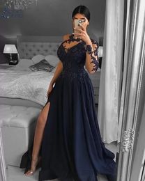 Dresses Long Sleeve One Shoulder Navy Blue Dubai Evening Dress ALine Split Satin Lace Beaded Formal Party Prom Gown Robe De Soiree