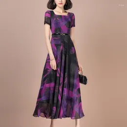 Party Dresses Summer Elegant Chiffon Long Maxi Dress Women Fashion Square Neck A Line Purple Office Ladies Work Casual Short Sleeves