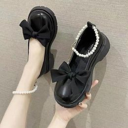 Dress Shoes Spring And Summer Bowknot Mary Jane Solid Colour Round Head Small Leather Thick Heel Shallow Mouth Single Women