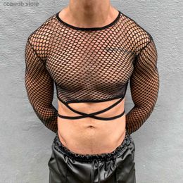 Men's T-Shirts Men's Mesh Tops Personalised Sexy Casual Fishing Net Hollow Out Lace Up Long Sleeve T-shirt Streetwear Men Clothing T240108