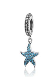 Blue CZ Full Pave Setting Cute Starfish Dangle Charm Pendant Fit Bracelet 100% Genuine 925 Sterling Silver298j3650521