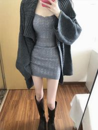 Work Dresses 2024 Winter Grey Knitted Suit Slim Y2k Mini Dress Party Elegant Fashion Casual Long Sweater Coat Korean Style Set Wonan