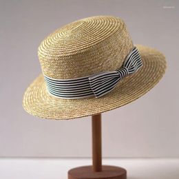 Wide Brim Hats Boater Flat Top Sun Hat Stripe Ribbon Bow Summer Fedoras Ladies Stage Performance Beach Party