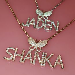 Icy Butterfly necklace with Custom Name Plate Bling Letters Necklace Personalised Jewellery Personalised Gifts for Her 240106