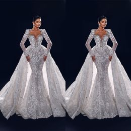 Crystal Mermaid Wedding Dresses Diamond Bridal Bowns Löstagbar illusion Långärmad pärlor Tärntåg