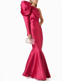 Elegant Long Fuchsia Satin Prom Dresses Mermaid One Shoulder Pleated Party Dress Maxi Formal Evening Dresses for Women