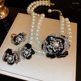 Necklace Earrings Set FYUAN Vintage White Pearl For Women Black Enamel Crystal Flower Ring Party Bridal