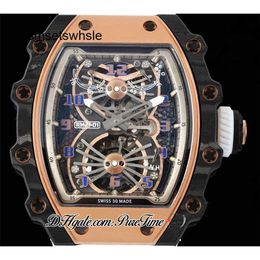 Luxury Watches for Men Watch Rose 21-01 Real Case Gold Tourbillon Fibre Hand Winding Carbon Dial White Rubber Strap Super Edition