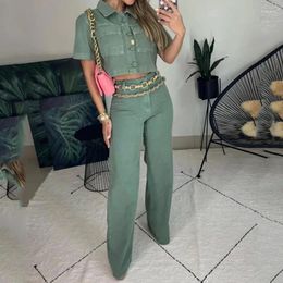 Women's Two Piece Pants Set Women Top And 2024 Fashion Office Lady Collar Sleeveless Loose High Waist Solid Green Trousers