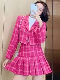 Work Dresses 2024 Spring Women's Suits With Skirt V-neck Plaid Tweed Short Suit A-line Pleated 2 Piece Set Summer Dress Sets