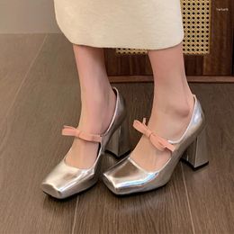 Dress Shoes Square Toe Women Marie Janes Summer Lolita High Heels 2024 Fashion Bow Elegant Pemps Femme Zapatos