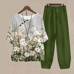 Women O Neck Short Sleeve Suit Flower Print Elegant Two Piece Sets Female Outfits High Waist Loose Pants Ladies Tops Summer 240108