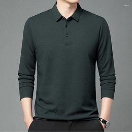 Men's Polos Spring And Autumn Pullover Lapel Button Solid Plaid Long Sleeve T-shirt Polo Bottom Fashion Casual Vacation Formal Tops