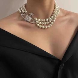 2024 Designer Xitai Queenjewellery Pendant Necklaces West Weiwei Hong'an's Same Three-layer Pearl Full Diamond Saturn Is a Simple and Beautiful Necklace