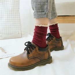 Women Socks Japanese Colourful Dot Cotton Frilly Ruffle Lace Trim Patchwork Thick Cable Knit Slouch Boot