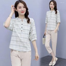 Work Dresses 2024 Summer Women's 2Pcs Plaid V-neck Blouse Pants Office Lady Two Pieces Set Casual Fashion Tops And Ankle-length Trousers