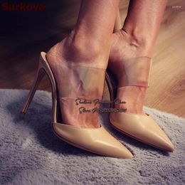 Dress Shoes Surkova Nude Matte Leather Pointed Toe Slip-On Modern Slippers Stiletto Heel Transparent PVC Strap Patchwork Shallow Pumps