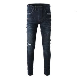 Mens Designer Pants Purple Jeans Amris Dark Blue Fashion Brand Multi Pocket Slim Fit Elastic Motorcycle High Street Skinny Jeans #1099