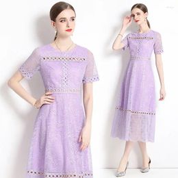 Party Dresses Summer Light Purple Colour Short Sleeve Feminino Women Mid Length Dress High Class Lace Patchwork Hollow Out Metal Button